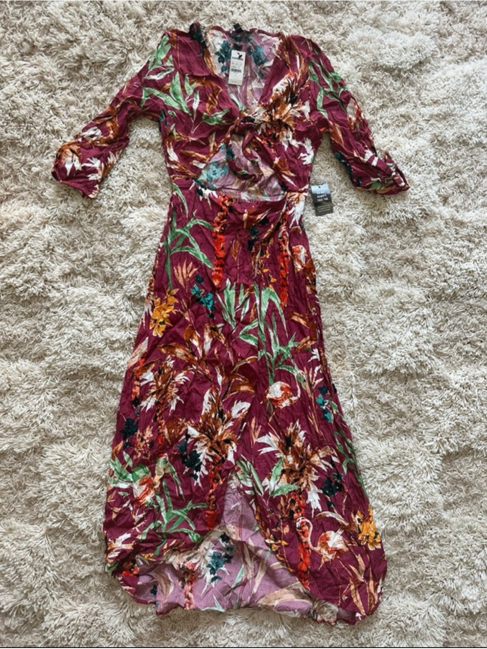 Express Burgundy Floral Wrap Maxi Dress with Green and Orange Prints